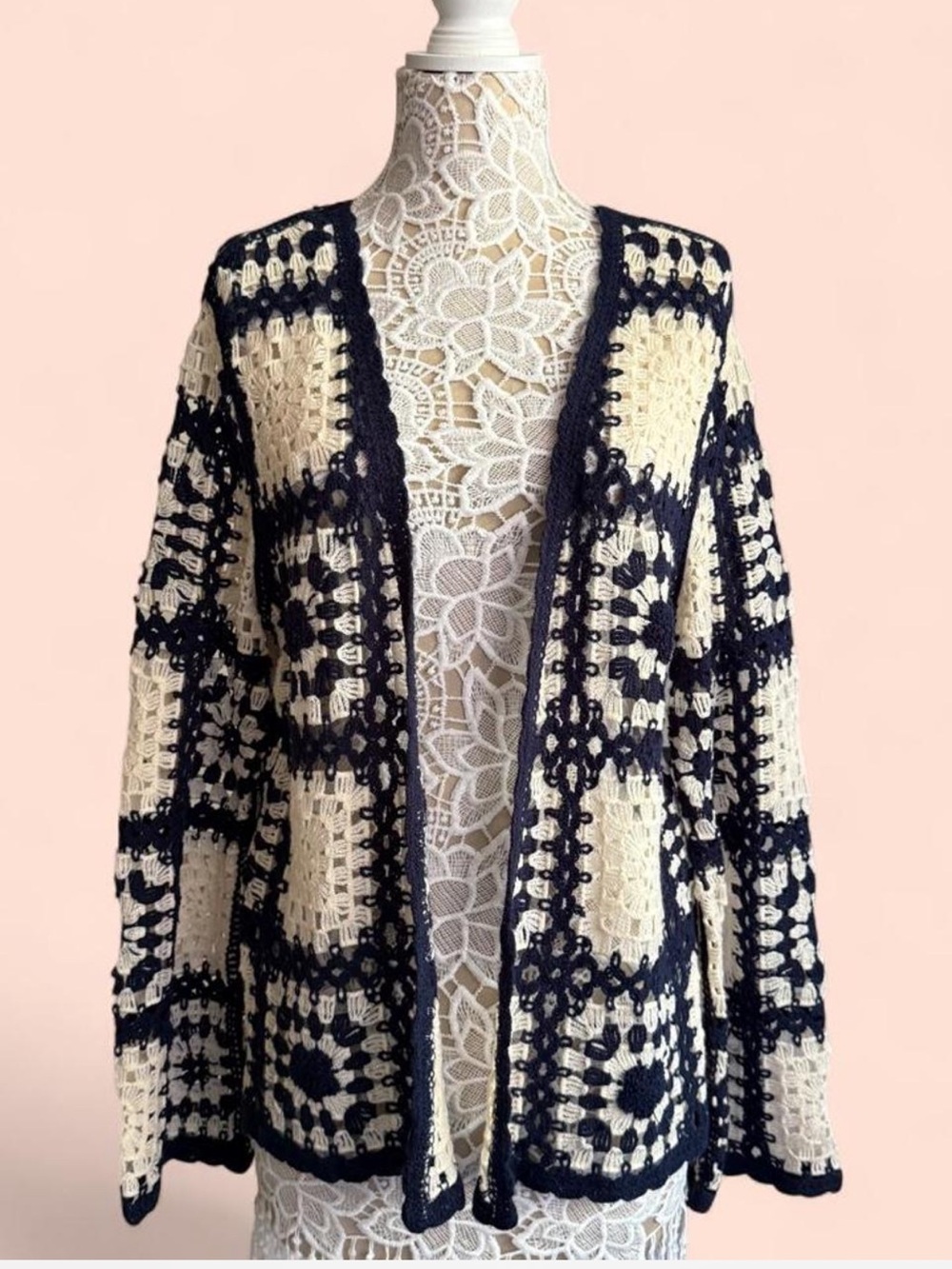 Open-Front Granny Square Crochet Cardigan Sweater - Cream and Navy